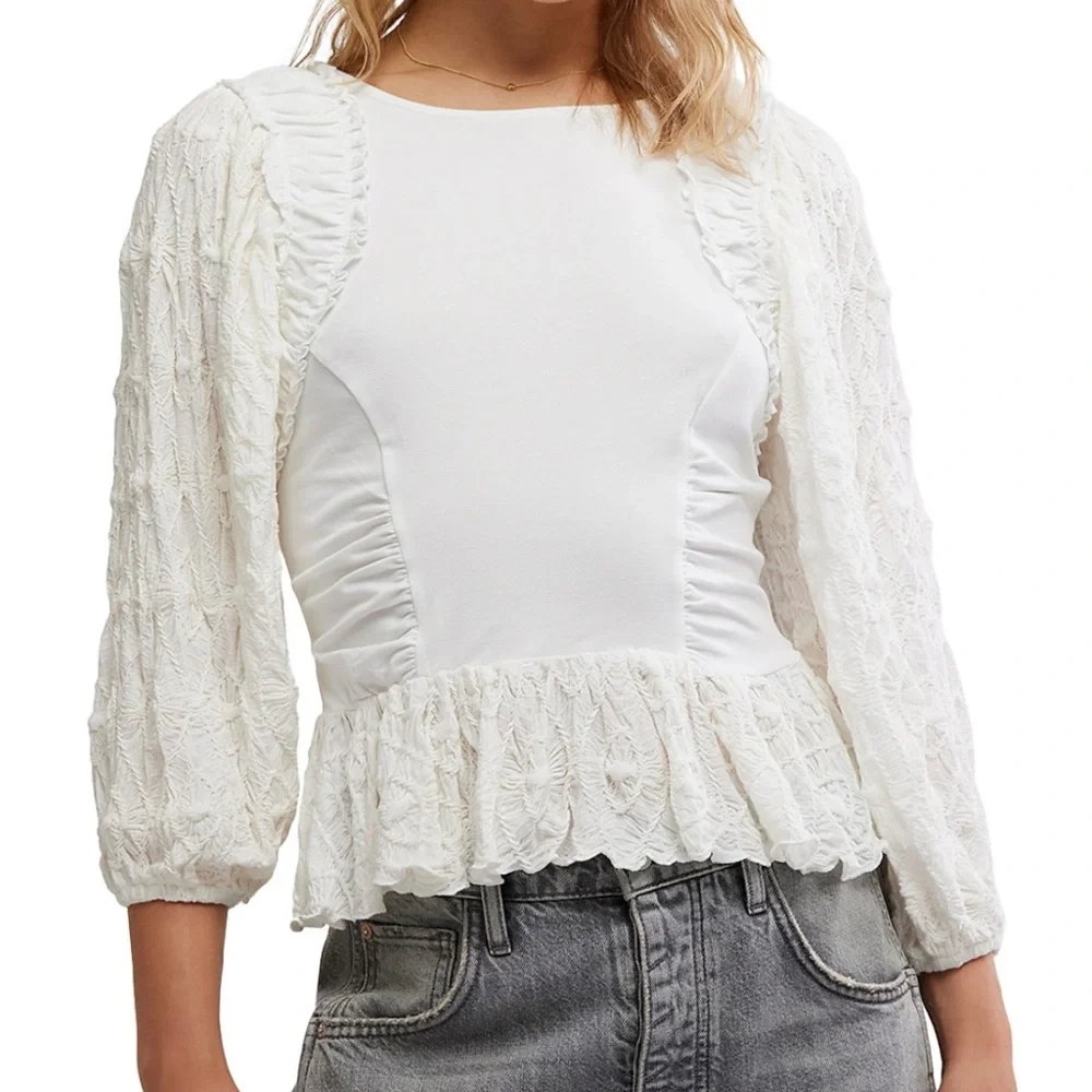 NWT Free People Oliva Contrast Stitch Knit Top Optic White Sz L